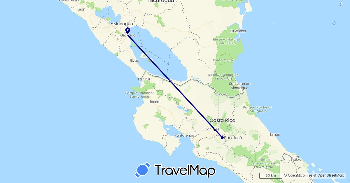 TravelMap itinerary: driving in Costa Rica, Nicaragua (North America)